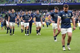 Leinster players look dejected after their defeat by La Rochelle in the 2023 Champions Cup final at the Aviva Stadium in Dublin. (Photo by David Rogers/Getty Images)