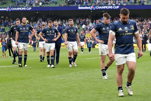 Leinster players look dejected after their defeat by La Rochelle in the 2023 Champions Cup final at the Aviva Stadium in Dublin. (Photo by David Rogers/Getty Images)