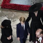 The Princess of Wales, Prince George (centre), and Princess Charlotte (left), arrives for the State Funeral of Queen Elizabeth II, held at Westminster Abbey, London. Picture: Frank Augstein/PA Wire