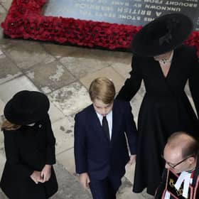 The Princess of Wales, Prince George (centre), and Princess Charlotte (left), arrives for the State Funeral of Queen Elizabeth II, held at Westminster Abbey, London. Picture: Frank Augstein/PA Wire