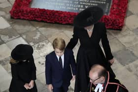 The Princess of Wales, Prince George (centre), and Princess Charlotte (left), arrives for the State Funeral of Queen Elizabeth II, held at Westminster Abbey, London. Picture: Frank Augstein/PA Wire