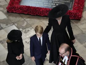 The Princess of Wales, Prince George (centre), and Princess Charlotte (left), arrives for the State Funeral of Queen Elizabeth II, held at Westminster Abbey, London. Picture: Frank Augstein/PA Wire