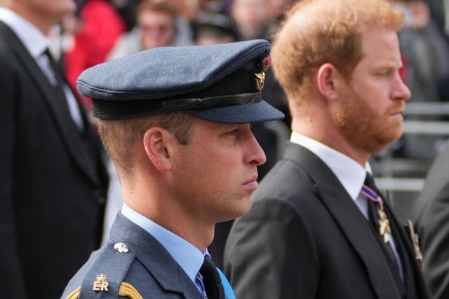 William, Prince of Wales and Prince Harry, Duke of Sussex, take part in the state funeral and burial of Queen Elizabeth II at Westminster Abbey.