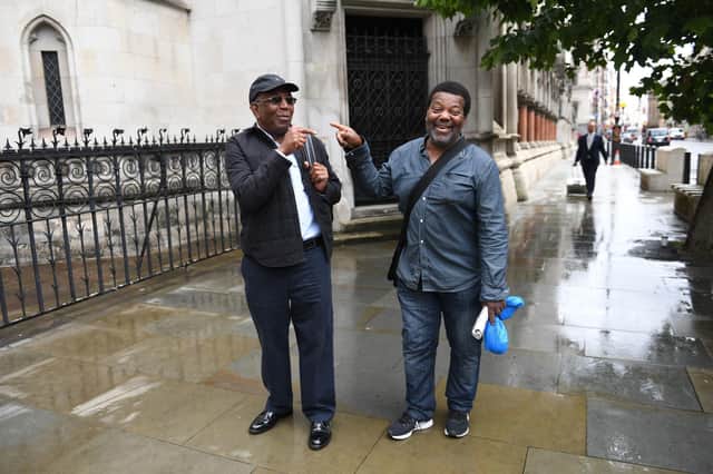 Paul Green (left) and Cleveland Davidson outside the Royal Courts of Justice in London. The pair along with Courtney Harriot, were jailed for allegedly attempting to rob a corrupt police officer nearly 50 years ago have finally had their convictions overturned by the Court of Appeal (Photo: Stefan Rousseau/PA Wire).