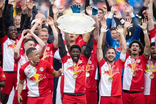 RB Salzburg, pictured on Saturday after collecting the Austrian Bundesliga trophy for an eighth consecutive season, will be the highest ranked opponents Rangers could face in the Champions League play-off round. (Photo by Andreas Schaad/Getty Images)