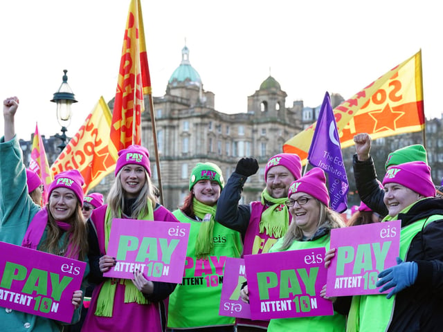 People gather at the Mound in central Edinburgh amid an increasingly entrenched dispute over pay, with unions claiming that the Scottish Government and councils “have little or no interest” in finding the funding required to resolve the matter.