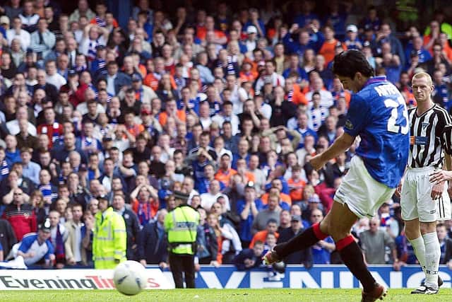Mikel Arteta, now Arsenal manager, converts an injury-time penalty against Dunfermline to secure the league title for Rangers 20 years ago