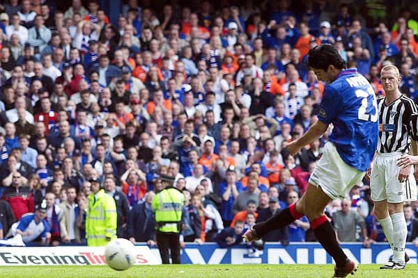 Mikel Arteta, now Arsenal manager, converts an injury-time penalty against Dunfermline to secure the league title for Rangers 20 years ago