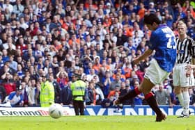 Mikel Arteta, now Arsenal manager, converts an injury-time penalty against Dunfermline to secure the league title for Rangers 20 years ago