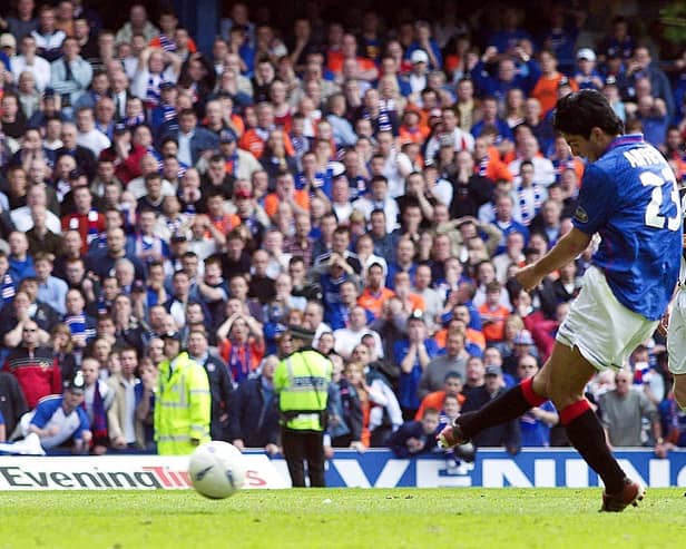 Mikel Arteta, now Arsenal manager, converts an injury-time penalty against Dunfermline to secure the league title for Rangers 20 years ago