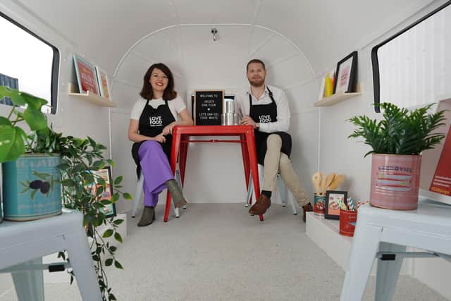 Celebrity chef and restaurateur Julie Lin, a former Masterchef contestant, with Jamie Fleming from Zero Waste Scotland inside the Julie's Can-teen trailer ahead of their Scottish tinned food tour. Picture: Stewart Attwood