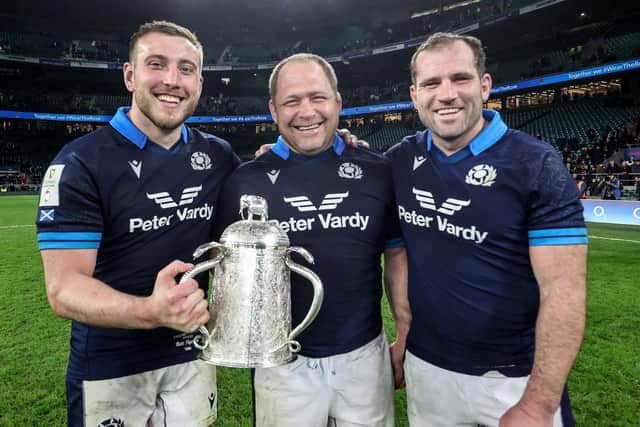 Fraser Brown, right, with Matt Fagerson and WP Nel after Scotland's Calcutta Cup win at Twickenham last year. (Photo by Billy Stickland/INPHO/Shutterstock)