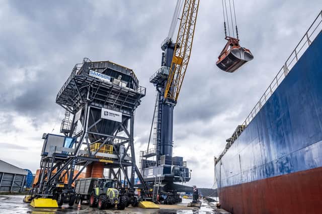 The Yu Zhu Feng unloading her cargo of 18,000 tonnes of soya at the Port of Rosyth’s agri-hub. Picture: Peter Devlin
