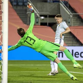Scotland's Kevin Nisbet scores against Netherlands in a friendly back in 2021.