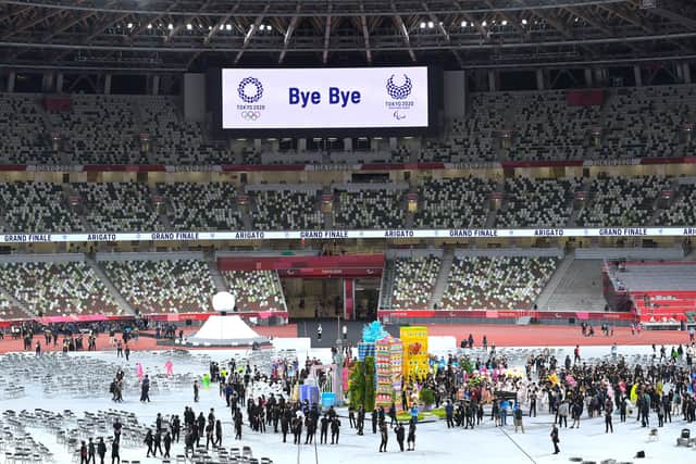 Signs saying goodbye are seen during the closing ceremony of the Tokyo 2020 Paralympic Games. (Photo by Koki Nagahama/Getty Images)