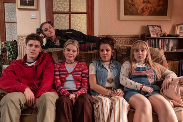 Derry Girls. Pictured: (L-R) James Maguire as Dylan, Saoirse Monica-Jackson as Erin, Jamie-Lee O’Donnell as Michelle, Nicola Coughlan as Clare, (above) Louisa Clare Harland as Orla McCool.