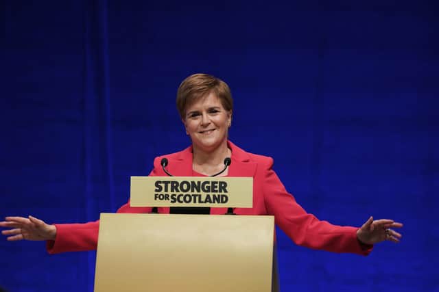 First Minister Nicola Sturgeon delivers her keynote speech during the SNP conference at The Event Complex Aberdeen (TECA) in Aberdeen, Scotland.