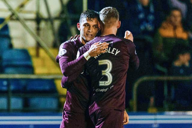 Hearts' Kenneth Vargas celebrates with Stephen Kingsley as he scores to make it 1-0 against Morton.