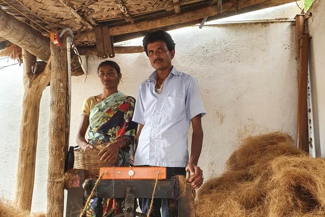 L Kumar with his wife Sashikala with their solar-powered spinning machine. Picture: Sibi Arasu