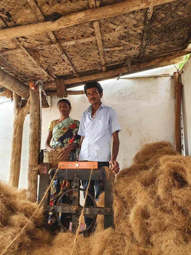 L Kumar with his wife Sashikala with their solar-powered spinning machine. Picture: Sibi Arasu