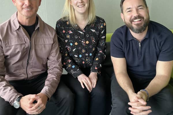 Phil MacHugh, Rosalind Erskine and Martin Compston ahead of their chat on Scran podcast.