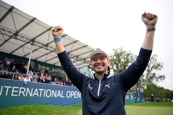Ewen Ferguson celebrates after winning the BMW International Open at Golfclub Munchen Eichenried in Munich, Germany. (Photo by Stuart Franklin/Getty Images)