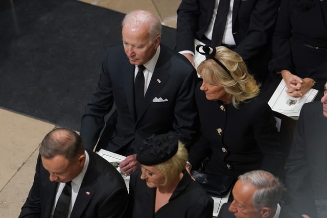 US President Joe Biden accompanied by the First Lady Jill Biden arriving for the State Funeral of Queen Elizabeth II, held at Westminster Abbey, London. Picture date: Monday September 19, 2022.