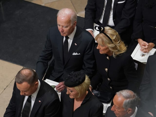 US President Joe Biden accompanied by the First Lady Jill Biden arriving for the State Funeral of Queen Elizabeth II, held at Westminster Abbey, London. Picture date: Monday September 19, 2022.