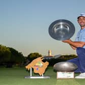 Marco Penge celebrates with his trophies after winning the Rolex Challenge Tour Grand Final supported by The R&A and also the Road to Mallorca Rankings. Picture: Octavio Passos/Getty Images.
