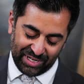 First Minister Humza Yousaf gets emotional while paying tribute to his family, towards the end of his resignation speech at Bute House, his official residence in Edinburgh. Picture: Andrew Milligan/PA Wire