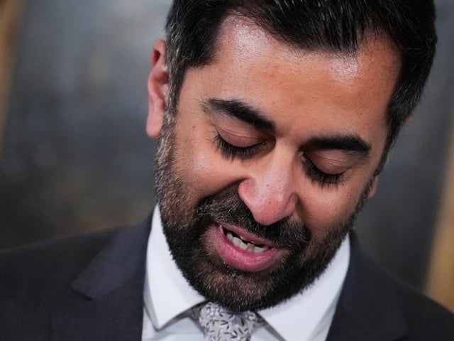 First Minister Humza Yousaf gets emotional while paying tribute to his family, towards the end of his resignation speech at Bute House, his official residence in Edinburgh. Picture: Andrew Milligan/PA Wire