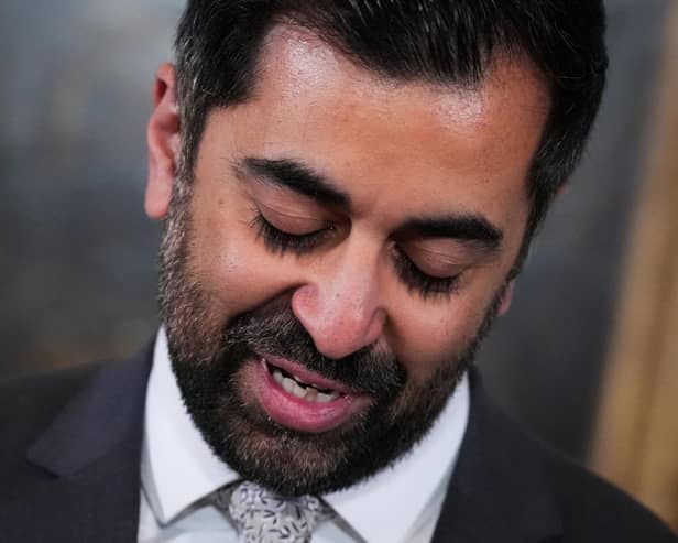 First Minister Humza Yousaf gets emotional while paying tribute to his family, towards the end of his resignation speech at Bute House, his official residence in Edinburgh. Picture: Andrew Milligan/PA Wire