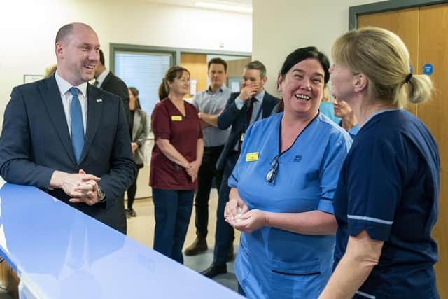 Scottish Health Secretary Neil Gray (left) meets staff working in the Major Trauma Centre, during a visit to Queen Elizabeth University Hospital in Glasgow. Jane Barlow/PA Wire