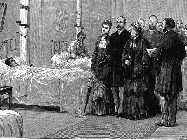 This old illustration depicts a visit to the Royal Infirmary of Edinburgh by Queen Victoria, who is listed as an official donor for its construction – according to records, Her Royal Highness gave £250