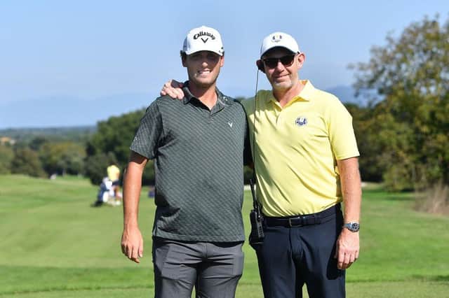 European Junior Ryder Cup captain Stephen Gallacher poses with Renato Paratore after the Italian, who plays on the DP World Tour, turned up to support the home team in the event at Golf Nazionale in Viterbo, Italy. Picture: Valerio Pennicino/Getty Images.