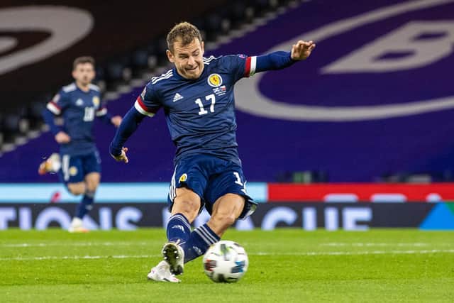 Ryan Fraser makes it 1-0 during a Nations League match between Scotland and Czech Republic at Hampden Park, on October 14 2020, in Glasgow, Scotland (Photo by Craig Williamson / SNS Group)