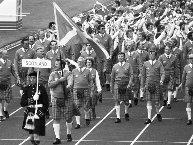 The Scottish team parade at the opening ceremony of the Edinburgh Commonwealth Games.