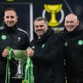 Celtic manager Ange Postecoglou (centre) with the Premier Sports Cup. (Photo by Craig Foy / SNS Group)