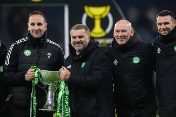 Celtic manager Ange Postecoglou (centre) with the Premier Sports Cup. (Photo by Craig Foy / SNS Group)