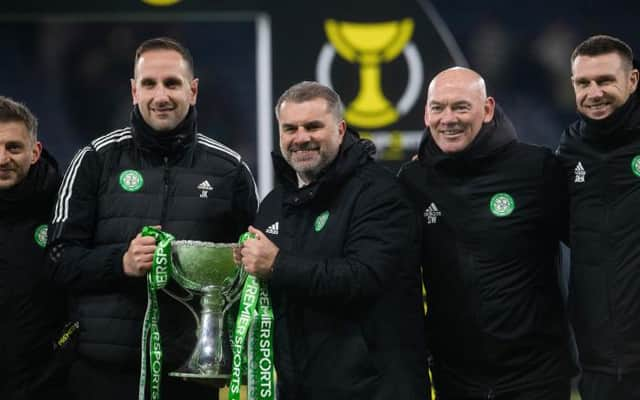 Celtic manager Ange Postecoglou (centre) with the Premier Sports Cup. (Photo by Craig Foy / SNS Group)