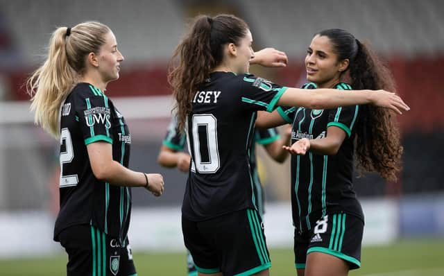 Celtic's Lucy Ashworth-Clifford, Clarissa Larisey and Jacynta were all on the scoresheet in a 7-0 win over Glasgow Women (Photo by Craig Williamson / SNS Group)