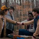 Stranger Things Season 5. Pictured: Gaten Matarazzo as Dustin Henderson, Finn Wolfhard as Mike Wheeler, Caleb McLaughlin as Lucas Sinclair, and Noah Schnapp as Will Byers. Picture courtesy of Netflix © 2025