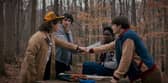 Stranger Things Season 5. Pictured: Gaten Matarazzo as Dustin Henderson, Finn Wolfhard as Mike Wheeler, Caleb McLaughlin as Lucas Sinclair, and Noah Schnapp as Will Byers. Picture courtesy of Netflix © 2025