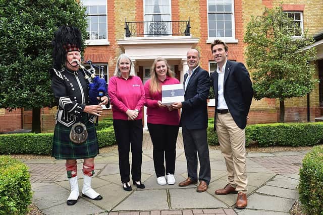 Cathy Panton-Lewis, second left, joined fellow player Katriona Taylor, as well as Solheim Cup director Mark Casey and the LET's Ben Gordon-Smith during the delivery of Scotland's successful bid for the 2019 Solheim Cup. Picture: Christopher Lee/Getty Images.