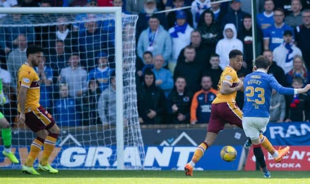 MOTHERWELL, SCOTLAND - APRIL 23: Rangers' Scott Wright scores to make it 2-1 during a cinch Premiership match between Motherwell and Rangers at Fir Park, on April 23, 2022, in Motherwell, Scotland.   (Photo by Craig Foy / SNS Group)