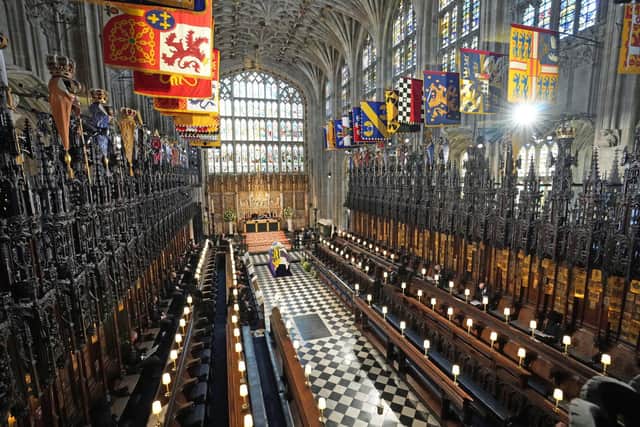 The Duke of Edinburgh's coffin, covered with His Royal Highness's Personal Standard, lies in St George's Chapel during the funeral of Prince Philip, Duke of Edinburgh at Windsor Castle. Picture: Yui Mok-WPA Pool/Getty Images