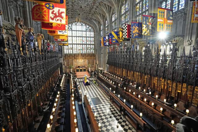 The Duke of Edinburgh's coffin, covered with His Royal Highness's Personal Standard, lies in St George's Chapel during the funeral of Prince Philip, Duke of Edinburgh at Windsor Castle. Picture: Yui Mok-WPA Pool/Getty Images