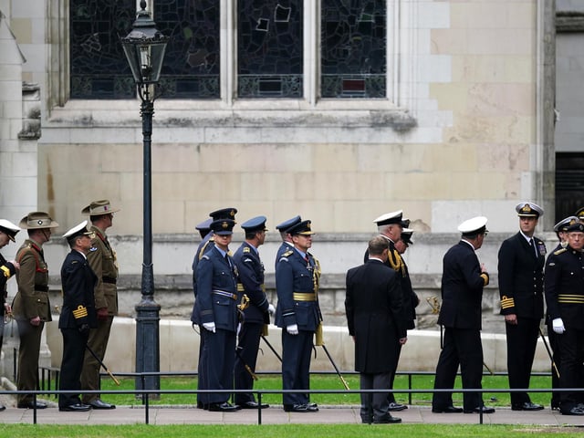 Representatives of the Armed Forces arrive for the State Funeral of Queen Elizabeth II, held at Westminster Abbey, London. Picture date: Monday September 19, 2022.
