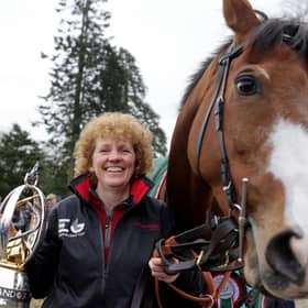 Corach Rambler and trainer Lucinda Russell during the Randox Grand National winners homecoming at Arlary House Stables, Kinross. Picture date: Sunday April 16, 2023.