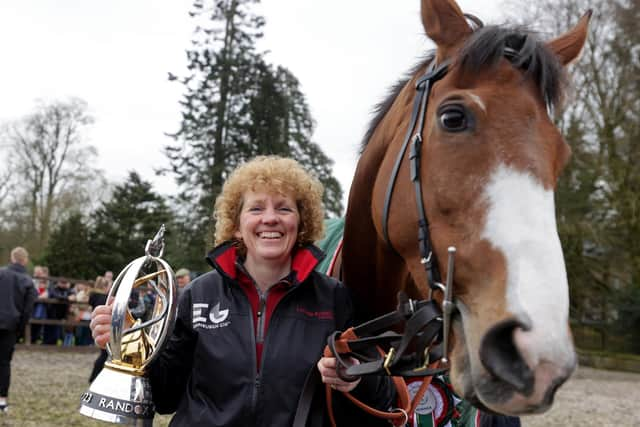 Corach Rambler and trainer Lucinda Russell during the Randox Grand National winners homecoming at Arlary House Stables, Kinross. Picture date: Sunday April 16, 2023.